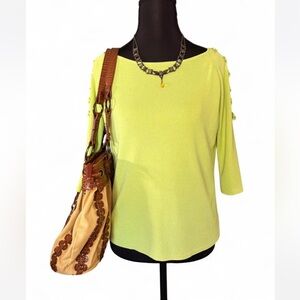 Vintage J.A.C Lime Green 3/4 sleeve Top w Criss Cross Designs on both sleeves